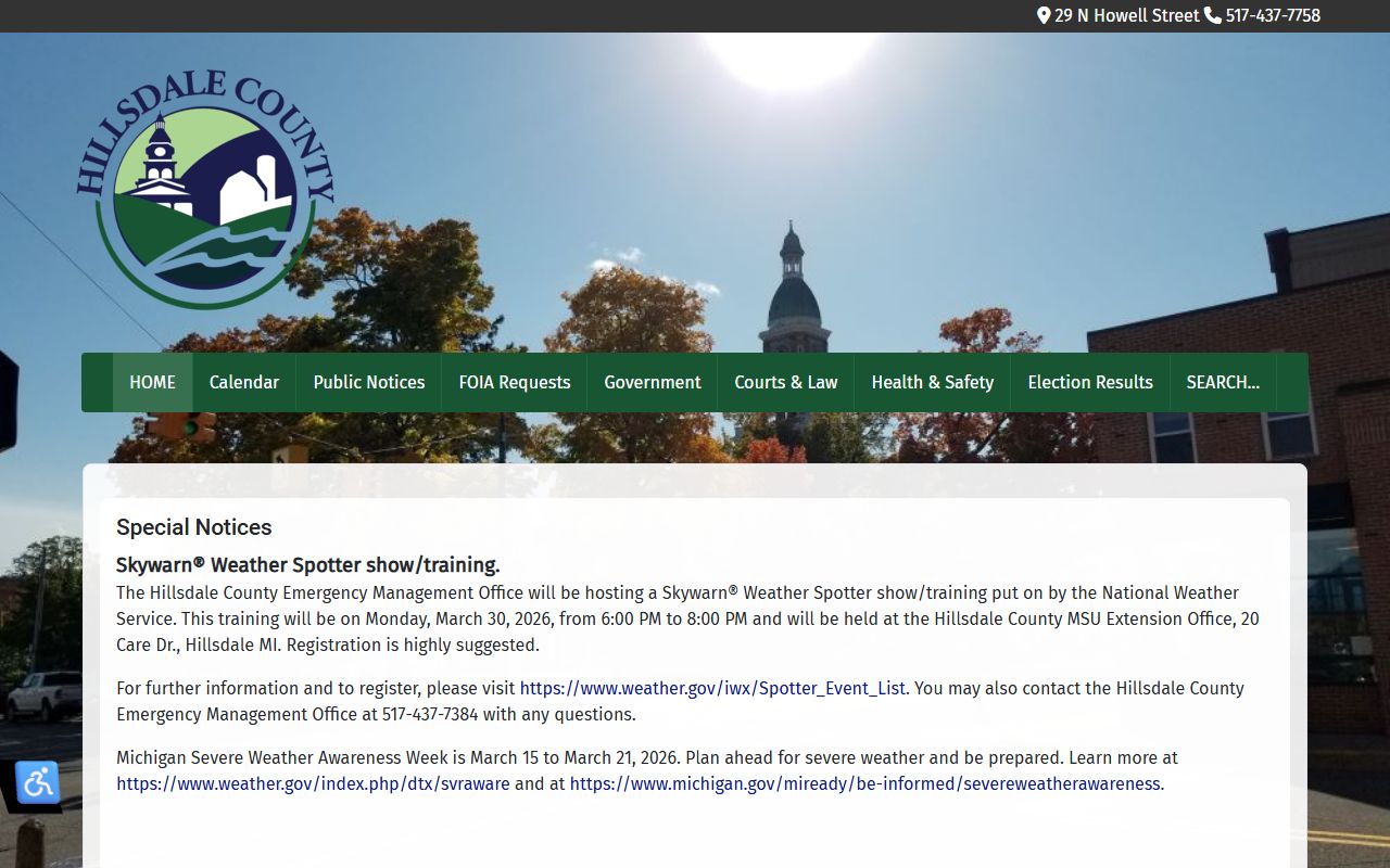 Hillsdale County government website with links to courts, sheriff, and FOIA portal