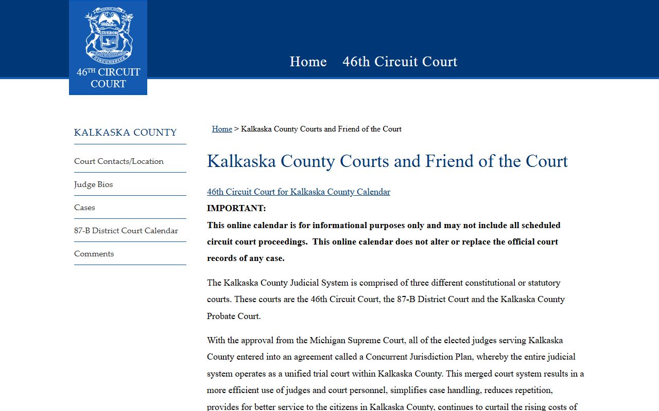 Kalkaska County 46th Circuit Court website for OWI and DUI records