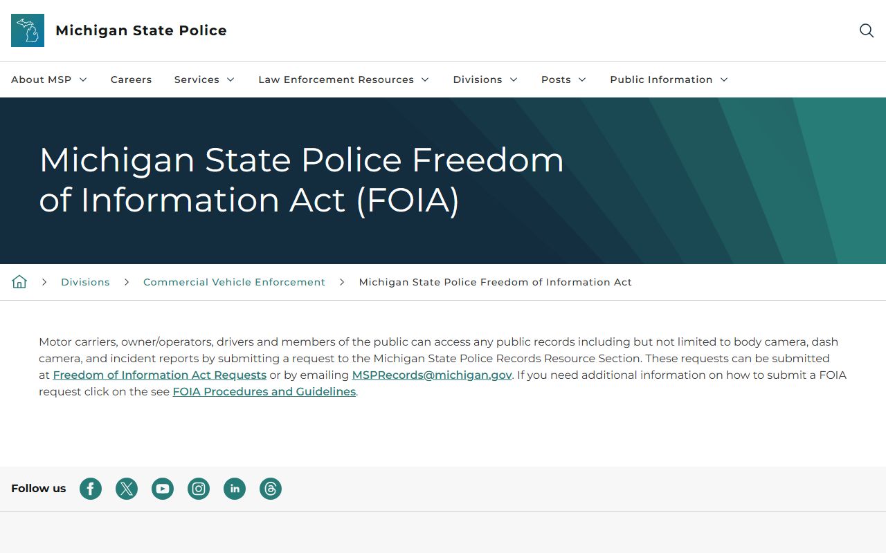 Michigan State Police criminal history records page for DUI records